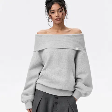 Aelfric Eden Women's Thick Chunky Knit Off-Shoulder Hoodie - Solid Plain, Relaxed Boxy Silhouette, Balloon Sleeves, Street Casual Lazy Vibe Sweatshirt (Off Shoulder Tops, Hoodies for Women)