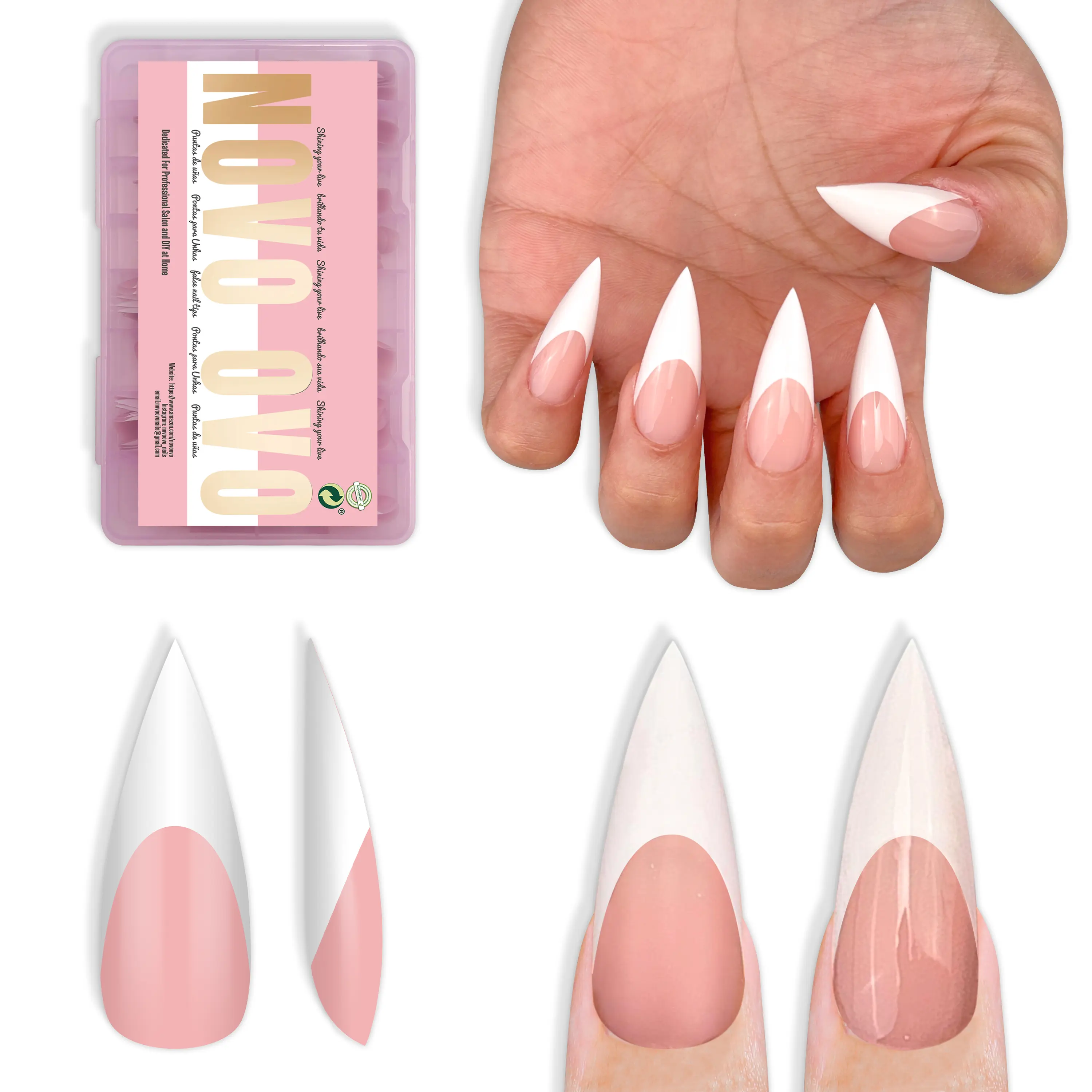 NOVO OVO French Tip Stiletto Press on Nails, Soft Gel Full Cover Nail Tips, Medium Long Length, Baby Pink & White Design, 160 Pcs Multi-Pack, 16 Sizes, Press On Nail Sets