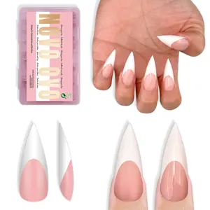 NOVO OVO White French Tip Sharp Stiletto Pointed Medium Long Nail Tips Press on Baby Pink, Soft Gel Fake Acrylic Extension, Full Cover False Nails for Salon DIY x 16 Sizes 160 pcs【NO GLUE ,TOP COATAND LAMP INCLUDED】
