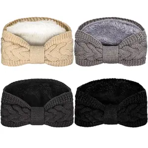 4 Pack Twisted Knit Headbands Winter Knotted Head Wraps Fuzzy Lined Headband Thick Crochet Turban Ear Warmer Elastic Hair Band Accessories for Women (Beige, Black, Grey)