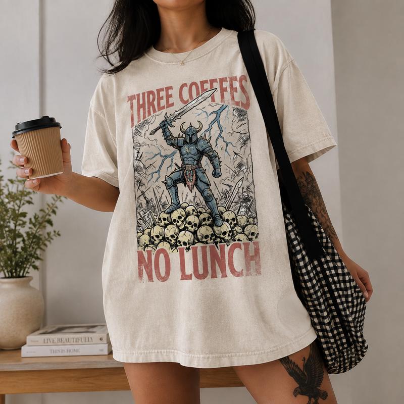 Comfort Colors Three Coffees No Lunch T-Shirt, Funny Coffee Tee, Sarcastic Work Shirt, Dark Humor Graphic Tee, Weird Office Gift