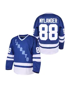 Men's Blue Embroidered Hockey Jersey, Team Sports Training Competition, Casual Sweatshirt, Loose-Fitting, Elastic Waist, Sport Style