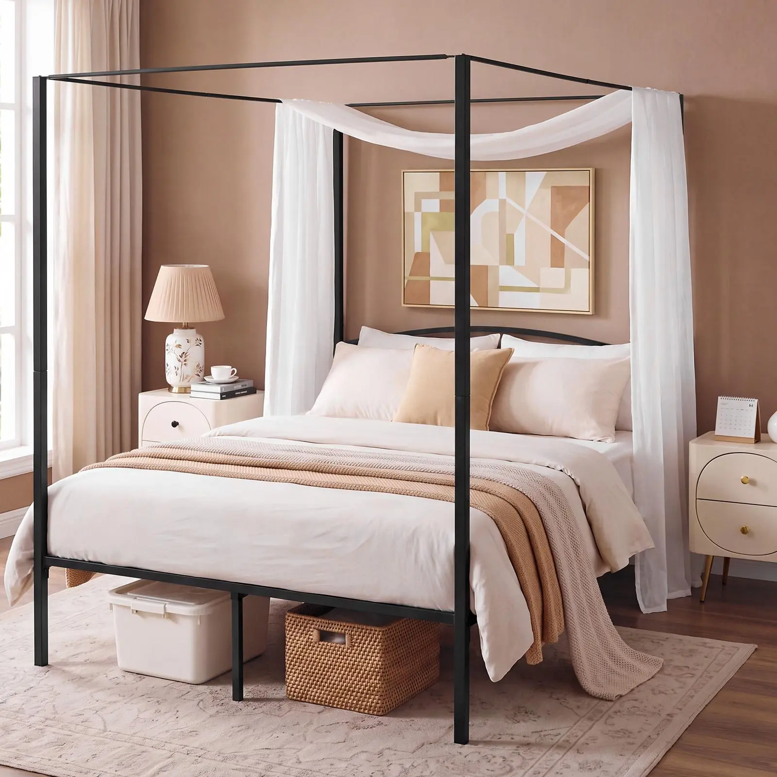 #Gift VEVOR Canopy Bed Frame Queen Size with USB and Type-C Charging Station,For Bedroom,Metal Canopy Bed with Heavy Duty Slats,Four-Poster,Under-Bed Storage Space,Easy to Assemble,800 lbs Support#BFCM