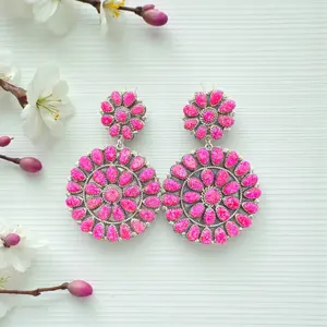 Cluster - Pink Opal/Turquoise  & Sterling Silver - Drop Earrings - DLW - Handcrafted Native American