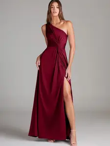 Azazie Brooke One Shoulder Pleated Knot Slit A-line Bridesmaid Wedding Ceremony Stretch Satin Dress