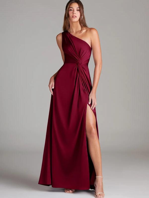 Azazie Brooke One Shoulder Pleated Knot Slit A-line Bridesmaid Wedding Ceremony Stretch Satin Dress Azazie Brooke One Shoulder Pleated Knot Slit A-line Bridesmaid Wedding Ceremony Stretch Satin Dress