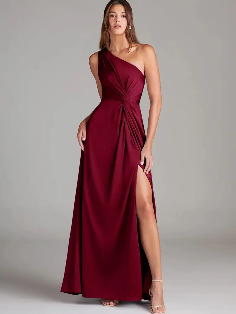 Azazie Brooke One Shoulder Pleated Knot Slit A-line Bridesmaid Wedding Ceremony Stretch Satin Dress