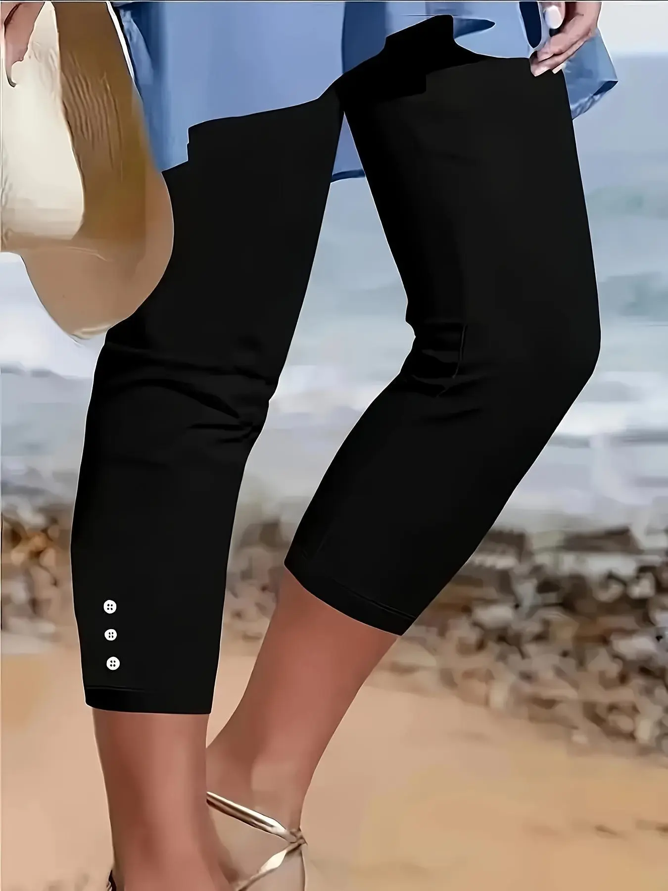 Women's Slim Fit Elegant Leggings, Plain Color, All Season, Decorative Button Details, High Waist, Casual & Formal, Bottoms, Fitted Leggings