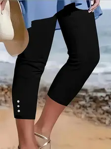 Women's Solid Color Decorative Button Detail Skinny Capri Pants, Casual Comfy High Waist Trousers for Daily Wear, Ladies Bottoms for All Seasons, Casual Chic Bottoms, Womenswear