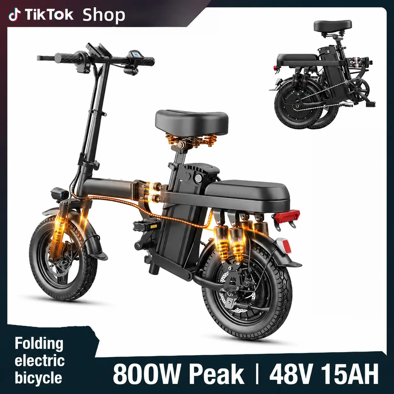 Adult Foldable Electric Bike - 800W Peak Motor, 48V 15Ah Removable Battery, 30-mi Max Range, 20MPH Max Speed, 14” Tubeless Tires, Multi-Shock Suspension, Front & Rear Disc Brakes, 3 Riding Modes, 3-Step Folding Ebike for Daily Commuting Dual