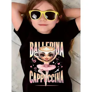 [Kids Ballerina T Shirt] Kids' Playful Ballerina Cappuccino Graphic T-Shirt -  Short Sleeve Casual Top with Whimsical Coffee Cup Tutu Design, Spring/Fall Holiday & Casual Attire, Children's Spring Top, Vibrant Kids Shirt