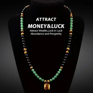 PETRALUNE money necklace featuring green agate and tiger’s eye pendants; healing crystal jewelry suitable for vacations and themed parties; can be worn as a jewelry accessory or amulet; an ideal gift piece of jewelry for both men and women.