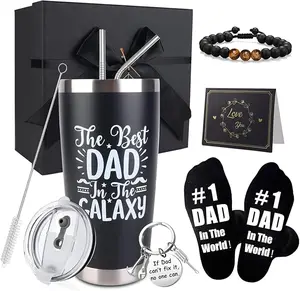Dad Gifts 8PCS Fathers Day Gift Set Includes 20oz Tumbler with Lid Straw Brush Socks Bracelet Key Chain Thanks Card Gift Box Best Dad Ever Gifts from Daughter Son Kids The Best Dad in the Galaxy Design