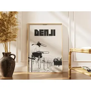 Chainsaw Man:Denji Man Anime Black And White Art Canvas Print For Living Room Bedroom Office Decor With Minimalist Design And Bold Typography Featuring Character In Action Scene With Chainsaw And Barbed Wire BackgroundManga Decor