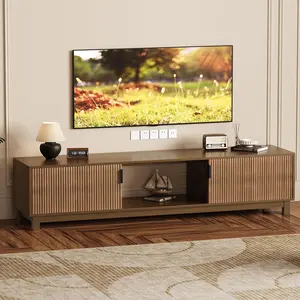 70 in Long TV Stand for Living Room, Mid Century Modern Entertainment Centerfor TVs Up to 75 in, TV Console with Fluted Doors & Open Storage Compartment for Livingroom Bedroom- Brown