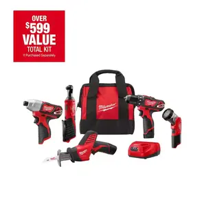 M12 12V Lithium-Ion Cordless Combo Kit (5-Tool) with Two 1.5 Ah Batteries, Charger and Tool Bag Milwaukee