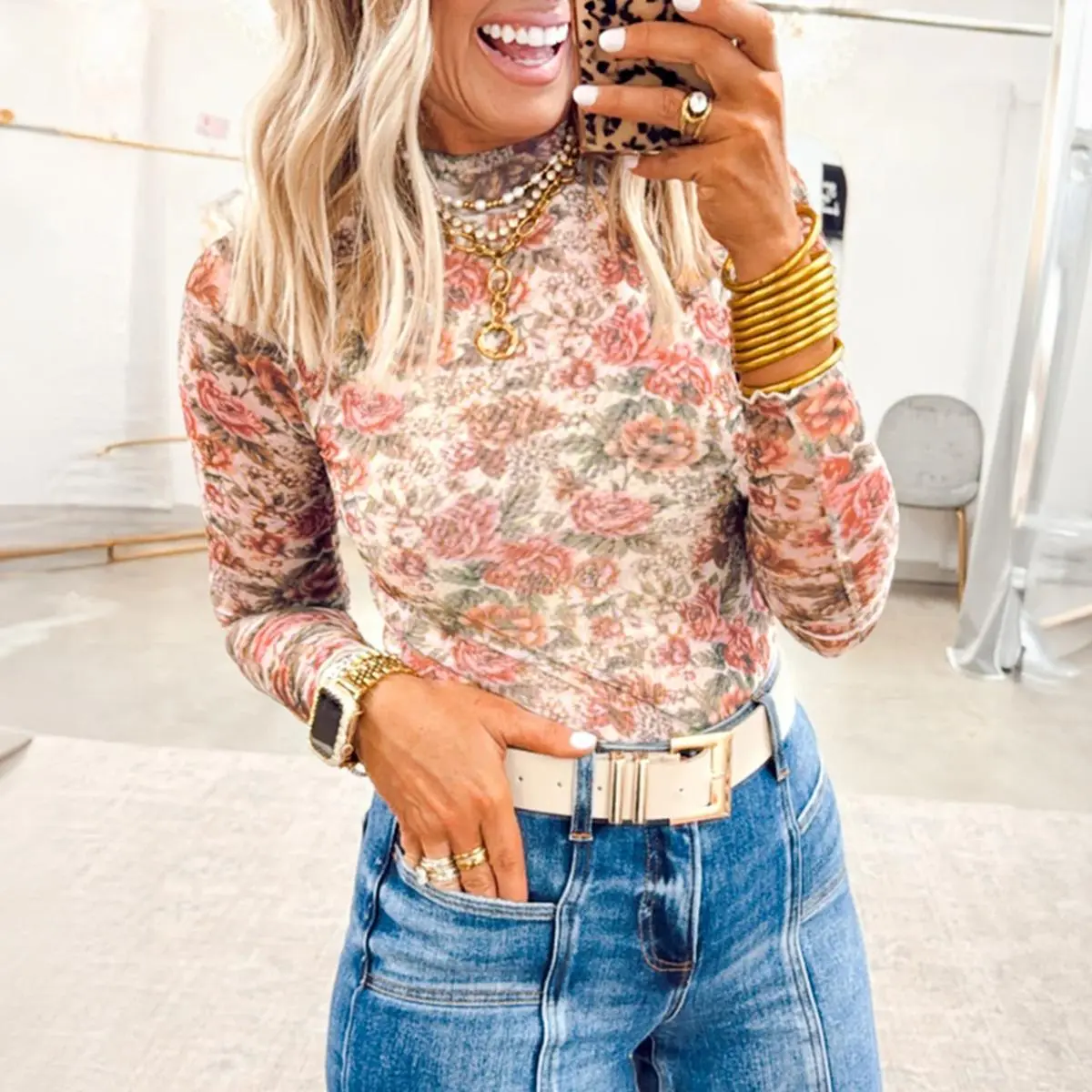 Znacicc Rose Print Mesh Top for Layering, Women's Slim Fit Mock