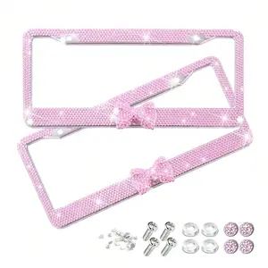 2PCS Bling Car License Plate Frame ,  Crystal Rhinestone Stainless Steel Vehicle Plate Holder, Glitter Diamond Sparkly Auto Plate Tag Cover Accessories, Universal Fit