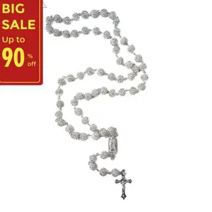 Rosary Necklace Silver Classic Color Vibrant Rosary CrossPendant Necklace Catholic Religious Symbol Perfect Daily Prayer