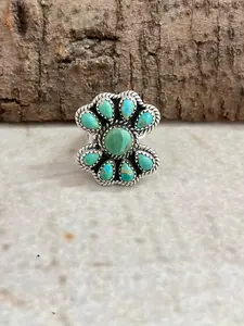 Handmade Sterling Silver Kingman Turquoise Adjustable Ring, Signed Nizhoni
