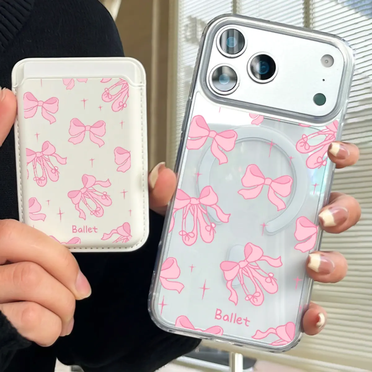 2-in-1 Transparent Magnetic Smartphone Case - TPU PU PC Protective Cover, Faux Leather 1-Card Slot, Casual INS-Style Pink Bows, Supports Qi Wireless Charging, for iPhone 11,12,13,14,15,16,16E,17E,17 Pro Max,18 Pro Max (Mobile Phone Accessories)