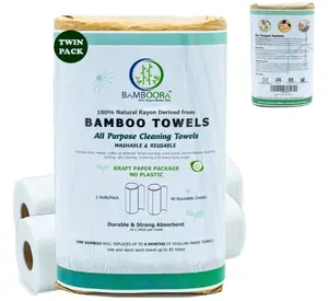 Reusable Bamboo Rayon Towels - Pack of 2 Washable Kitchen Paper Towels - Lint free, Zero Waste, Recyclable, 2x20 Heavy Duty Organic Washable Rolls