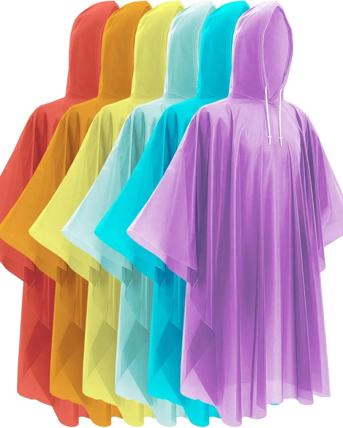 Unisex Adult Waterproof Solid Colors Rain Ponchos - 6-Pack Family Set, Extra Long PE Fabric Emergency Raincoats with Hoods, Home Survival Kit All-Season Gear