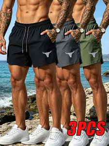 3-pack men’s athletic swim shorts with side zipper pockets and a mid-rise drawstring design; dark gray beach fitness shorts made from lightweight polyester; suitable for swimming, running, and vacations; machine washable; non-stretch casual outdoor shorts