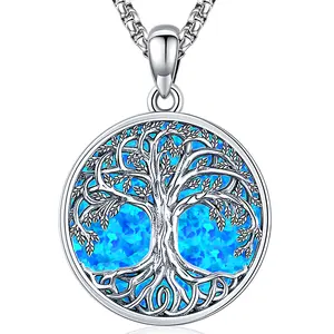 Bernashen S925 Sterling Silver Tree of Life Necklace Pendant, Malachite/blue opal/turquoise Sterling Silver Jewelry Celtic Family Tree Pendant Jewelry Gift Daily Decor