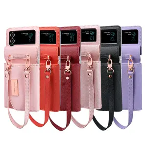 Fin Vietao-Fashion Leather Wallet Wristband Hand Strap Mobile Phone Case For Samsung Galaxy Z Flip 7 Flip6 Flip 5 Flip 4 Flip 3 Case
