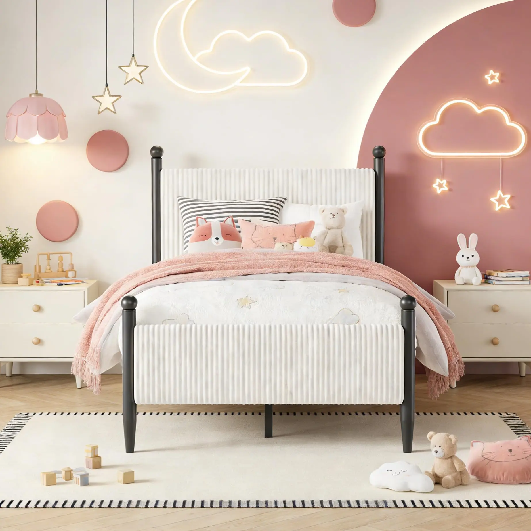 Garvee - Single Size Bed Frame with Vertical Stripe Headboard, Classic Upholstered Corduroy Bed Frame with Metal Legs, No Box Spring Needed, Easy Assembly, White Color
