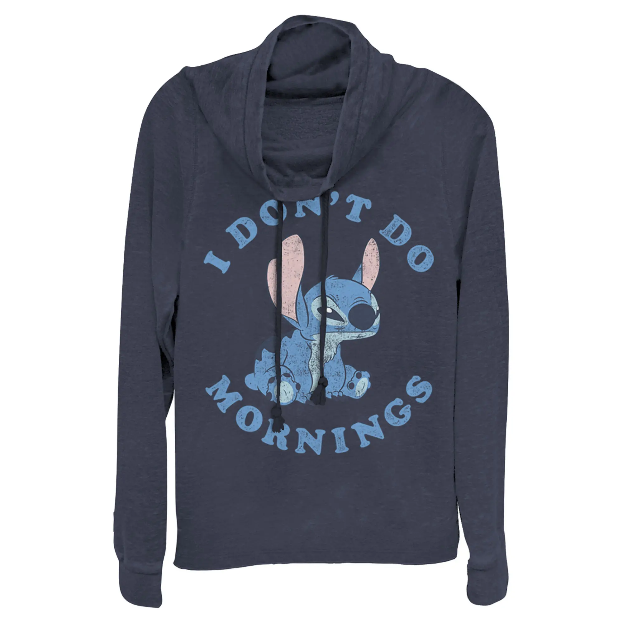 Juniors Womens Lilo & Stitch I Don't Do Mornings Light Blue Cowl Neck Sweatshirt