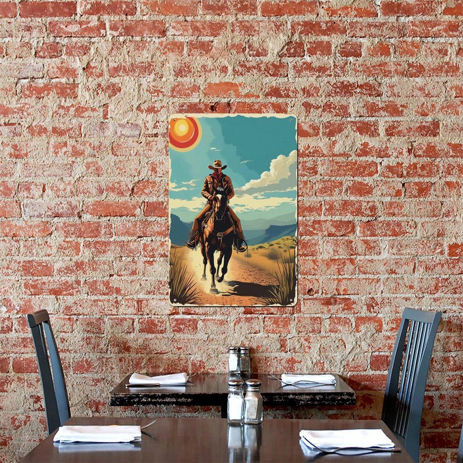 8x12 Inch Aluminum Metal Sign - Retro Western Cowboy Landscape, Rustic Farmhouse Wall Decor, Vintage Cowboy & Horse Tin Plaque