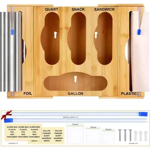 KUAOOAUKBamboo zipper bag storage rack suitable for wall-mounted kitchen drawers, foil and plastic wrap dispenser with cutter, food plastic bag holder for gallon, quart, sandwicd snack bags, suitable for wall mounting