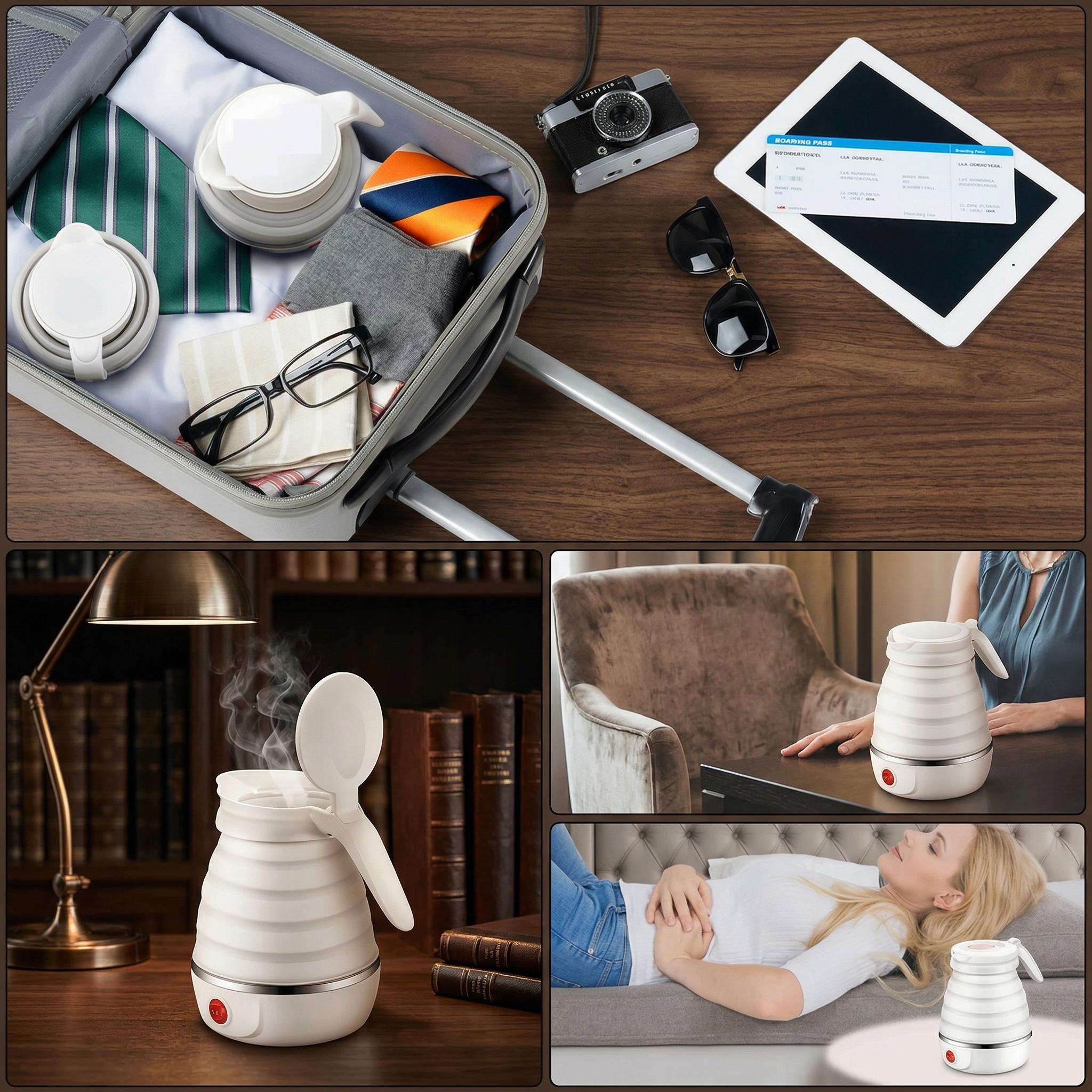 UpdateClassic 0.6L Portable Foldable Electric Kettle Compact Travel Hot Water Boiler for Coffee Tea White Lightweight & Practical - Mug