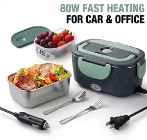Electric Heated Lunch Boxes Adults: 80W Electric Lunch Box Food Heated 12/24/110V 1.5L Heatable Lunch Box for Car/Truck/Office Leak-Proof Stainless Steel Container, Fork & Spoon, Bag