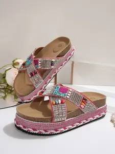 2026 New Bohemian Water Drilling Colorful Bead Wedge Sandals, Women's Summer Thick Sole Platform Open Toe Slippers, Cross Strap Fashion Beach Shoes