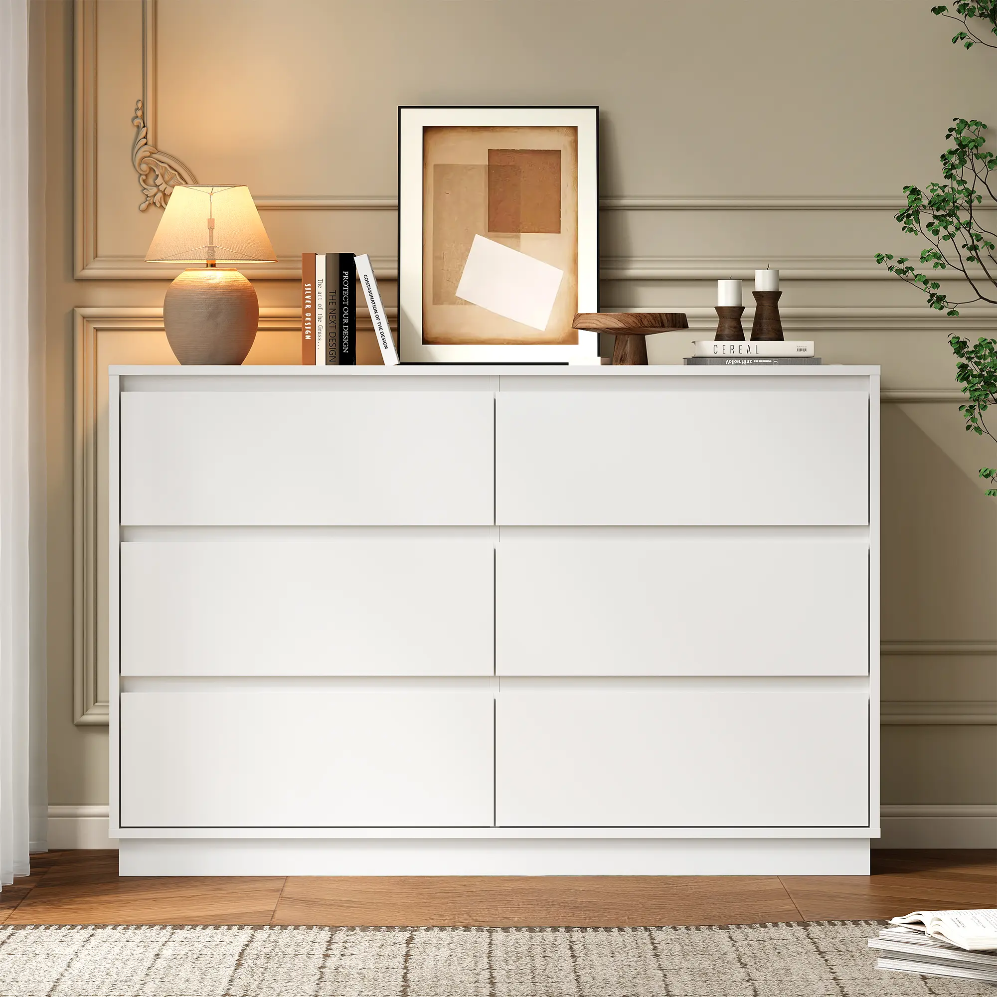 RoyalCraft L 6 Drawer Dresser for Bedroom with Charging Station, 47" Wide Modern Chest of Drawers, Wood Closet Clothes Storage Cabinet for Living Room, Minimalist Decluttering