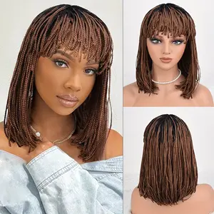 Women's Short Braids Bob Wig with Bangs Synthetic Box Braided Wigs African American Friendly Hair Replacement Summer Short Hair Wigs Comfortable Rose Net Versatile Hairpiece Breathable Cap Fashion Enthusiasts Interlocked Sister Locs