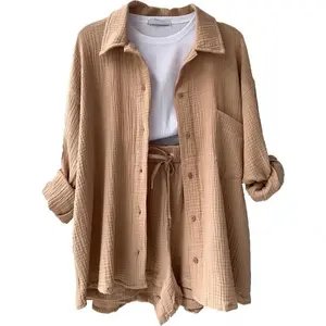 Women's Two-Piece Set Turn-Down Collar Long Sleeve Shirt High Waist Drawstring Shorts home dress Fashion Casual Outfit(Sports & Outdoor)