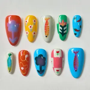 Colorful Aesthetic Koi Fish Press On Nails, Hand-Painted Japanese 70s Inspired Nail Art, Bright & Playful Cartoon Nail Set