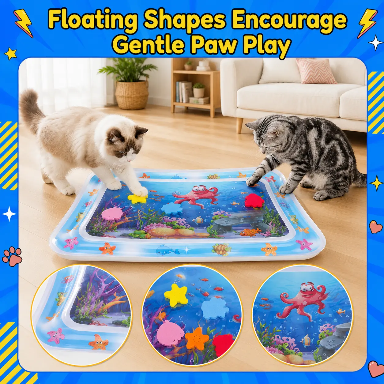 【SkyL】Cat Water Play Mat for Bored Indoor Cats, 0.7mm Thickened PVC Cooling & Heating Cat Toy Pad, Interactive Foldable Water Mat with Floating Patterns for Kittens and Cats