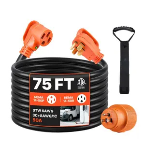 75 Ft 50A RV Extension Cord STW 6/3 + 8/1 Gauge Wire NEMA 14-50P To NEMA 14-50R ETL Listed Outdoor Heavy-Duty Power Cable For Campers, Trailers, And RV Parks For Outdoor Use, Weatherproof, Rugged Design