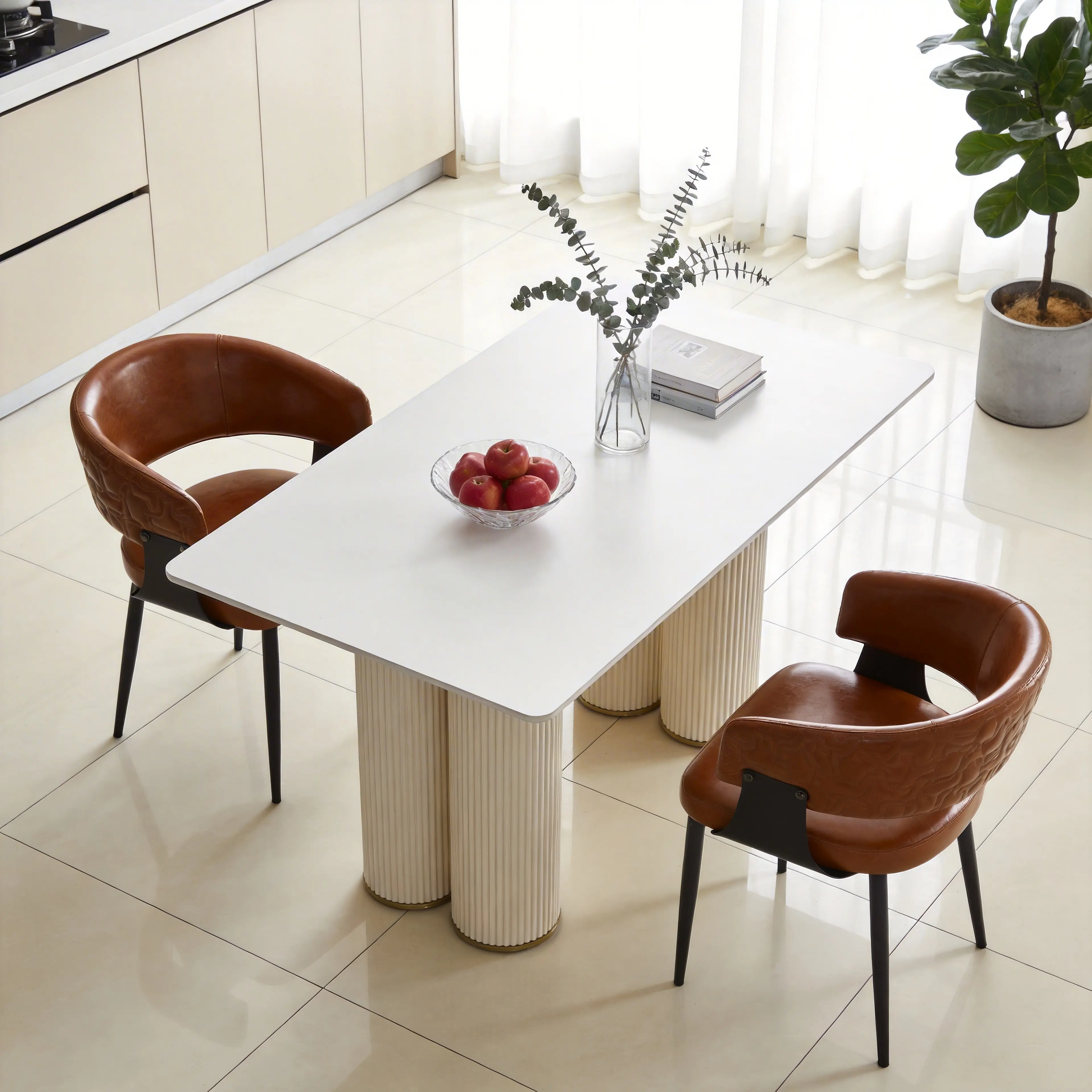 Brown Atoll Modern PU Leather Upholstered Accent Dining Chairs (Set of 2) - Curved Back, Metal Legs, Mid-Century Accent Chair for Dining Room, Living Room
