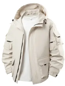 Men's Beige Tactical Hooded Jacket with Multiple Pockets, Outdoor Casual Utility Windbreaker