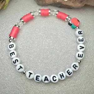 Best Teacher Ever Red Apple Handmade Beaded Word Bracelet
