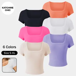 KatchMe Women's Versatile Solid Color Square Neck Slim Ribbed Crop Top,Trendy Top for Lady,Plain Tshirt for Spring & Summer,Minimalist Streetwear