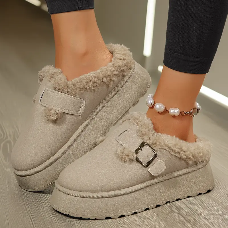 Women's Round Toe Buckle Strap Back Zipper High Heeled Casual Winter Slipper House Outdoor Indoor Snow Ankle Boots With Warm Lining And Thick Sole Springfresh