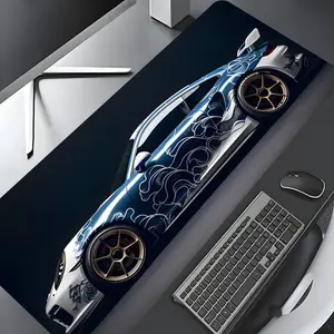Blue White Wave Patterned Sports Car Large Gaming Mouse Pad, Washable Rubber Extended Desk Mat with Non-Slip Base, Girly Aesthetic Home Office Decor, Mouse Pads for Desk, Christian Gifts for Women, Desktop Accessory