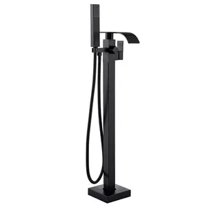 Floor Mount Bathtub Faucet Freestanding Tub Filler Standing High Flow Shower Faucets Shower Mixer Taps, Swivel Waterfall Spout with Handheld Spray Matte Black